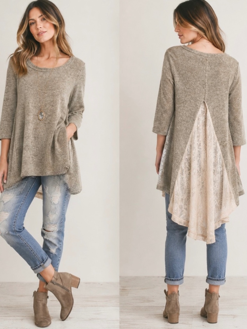 Avatar Tan Lace Back Knit Top Lagenlook Tunic